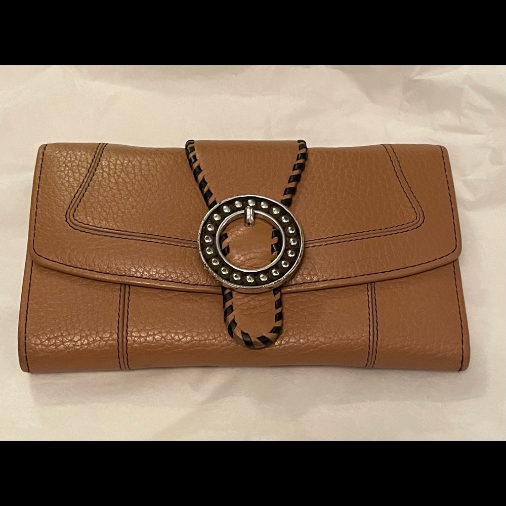 Brighton Tan Leather Continental Wallet with Studded Ring Accent
